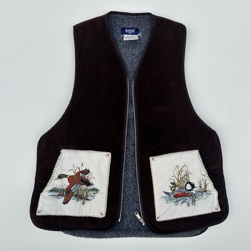 Upcycled Brown Corduroy Duck Vest with Embroidered Pockets